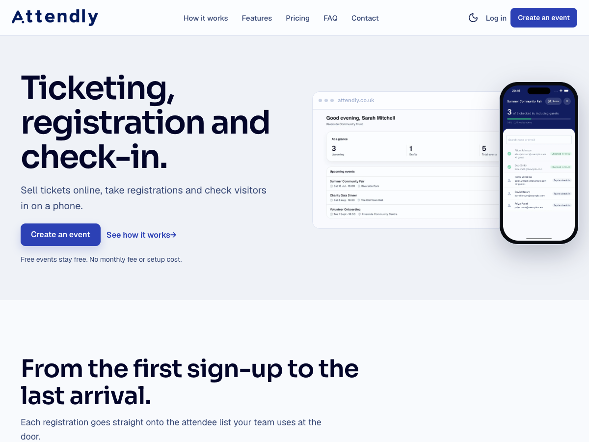 The Attendly website, showing online event sign-ups and door check-in